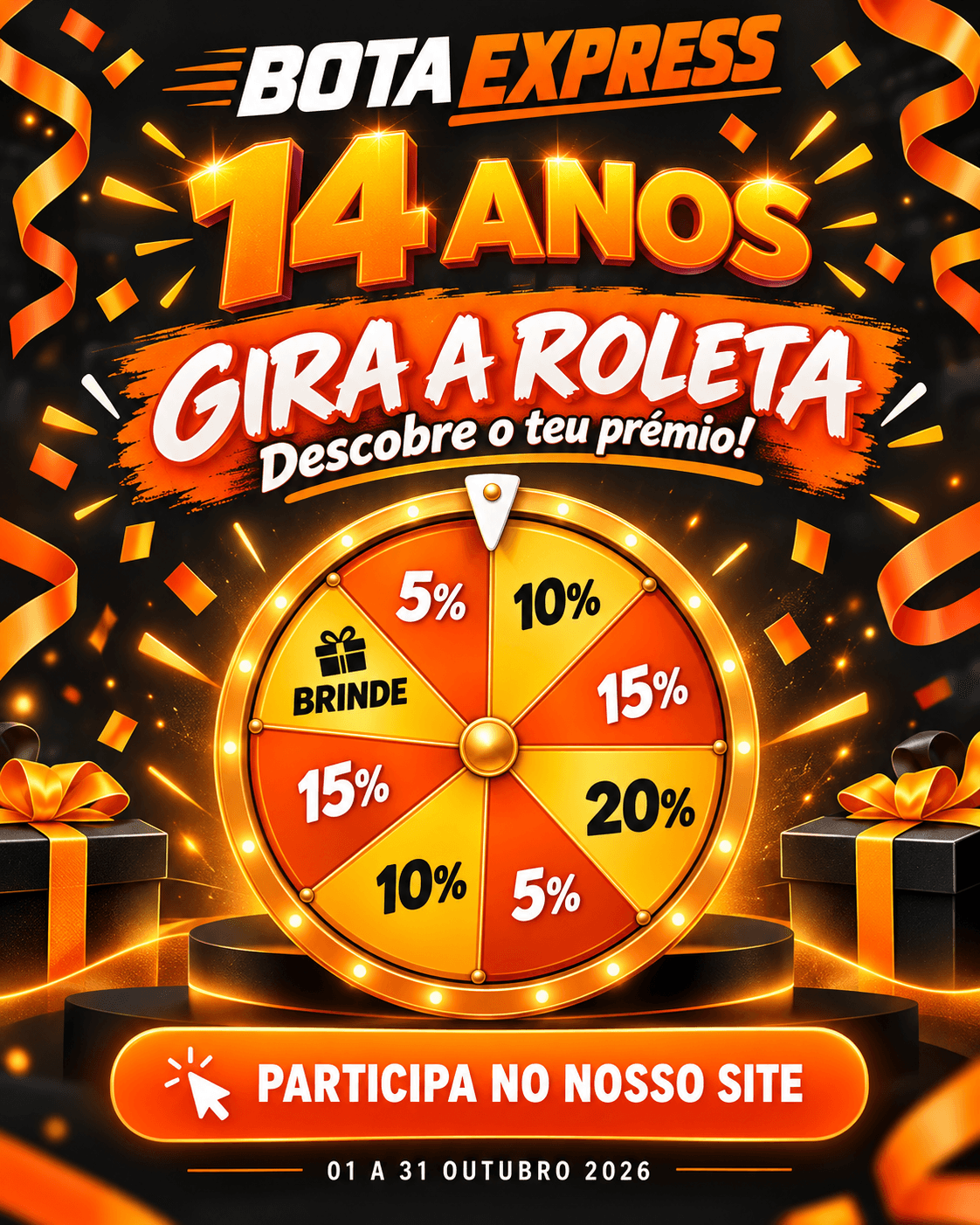 Cartaz da campanha 14 anos da Bota Express: gira a roleta e descobre o teu prémio — 5%, 10%, 15% ou 20% de desconto, ou um brinde